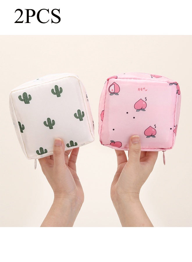 YJ 2pc Portable Waterproof Travel Storage Bag - Multi-Purpose Organizer for Sanitary Pads, Lipstick, Mini Cosmetic Bag, and Toiletries, Small Elegant Pouch for Women and Girls,Pink Peach/White Cactus - Image 1
